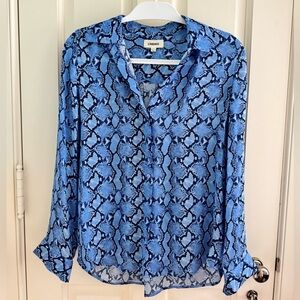 L'AGENCE Nina Blue Snakeskin Print Silk Button-up Blouse